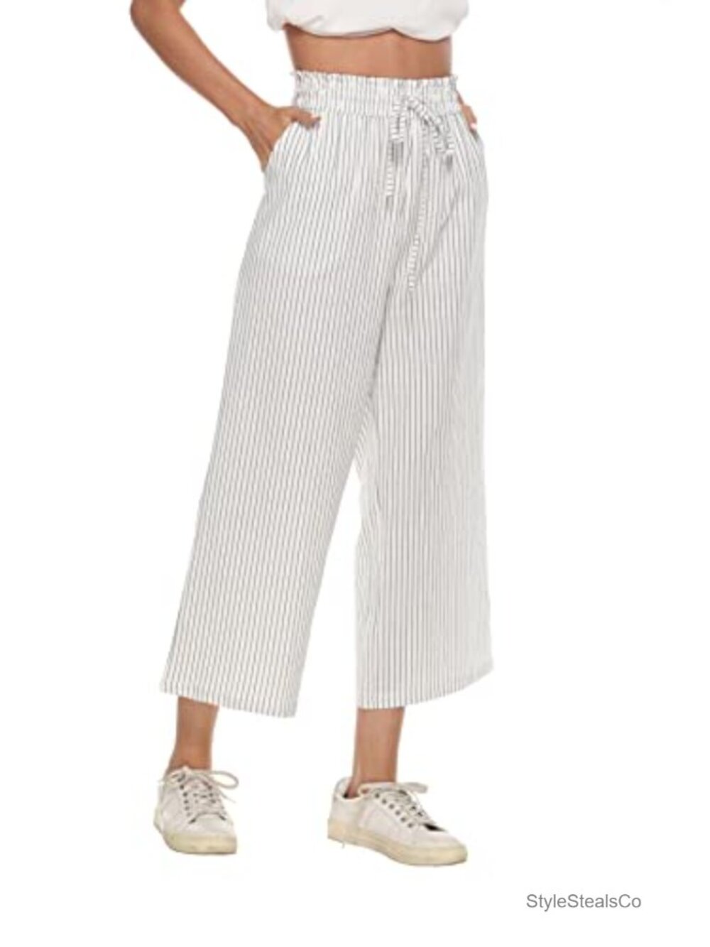 Wide Leg Linen Pants High Waisted Drawstring Flowy Palazzo with Pockets